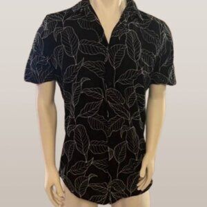 Men’s Black Button Up Shirt Tropical Leaf Print Short Sleeve Casual Fit S"XLG